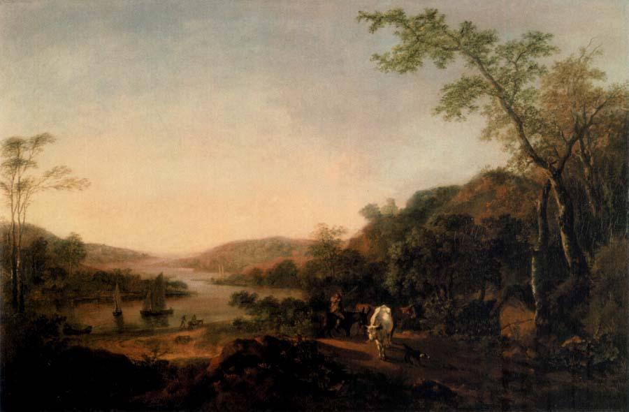 An Extensive River Landscape with Cattle and a Drover and Sailing Boats in the distance